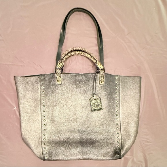 Rafe Silver/Black Metallic Leather Large Tote Bag w/ Snakeskin & Studs $498 - Picture 2 of 15